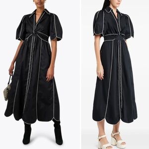 Farm Rio Contrasting-Trim Puff Short Sleeve Button Down Midi Dress Small NEW